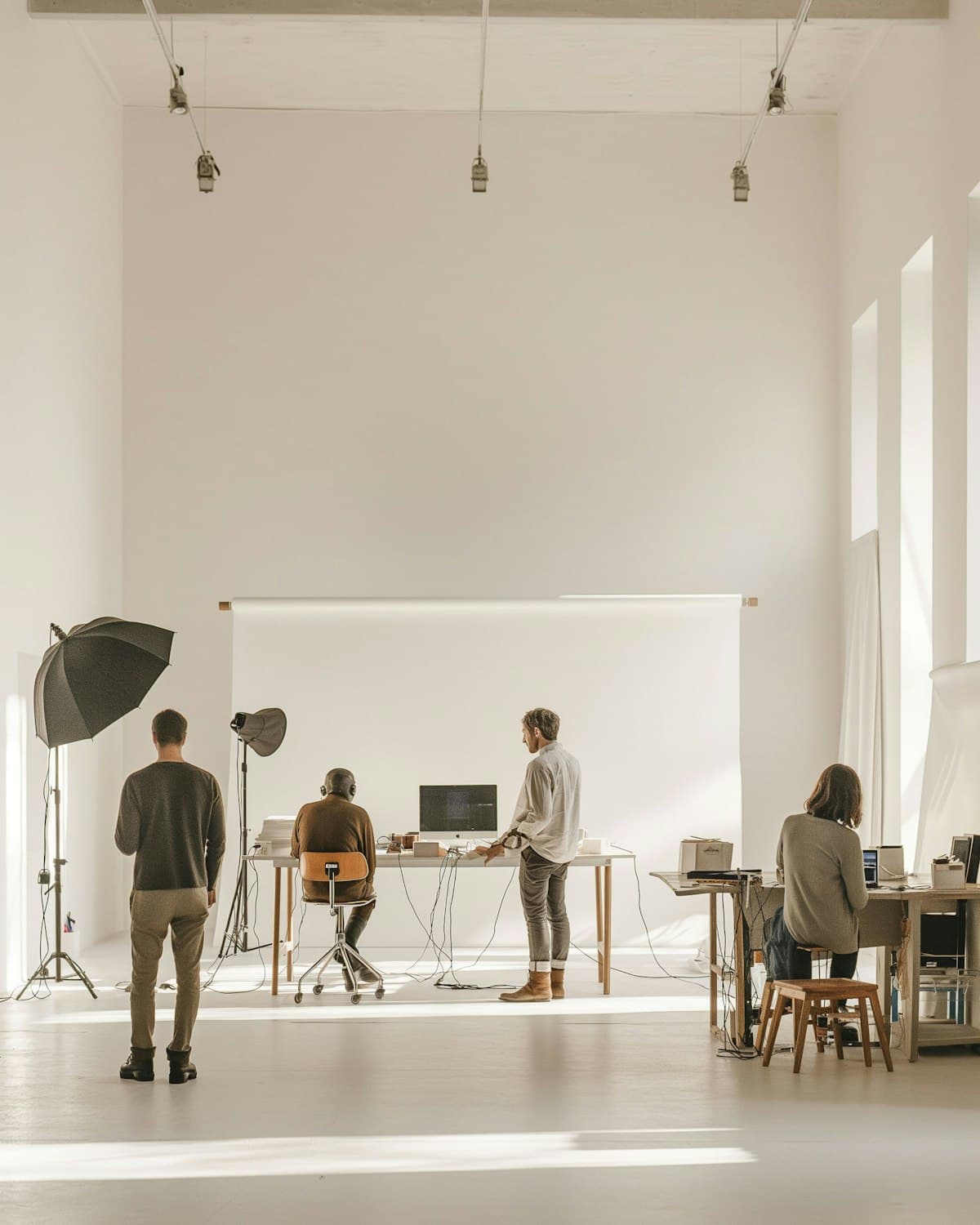 Studio team working together in a bright open workspace